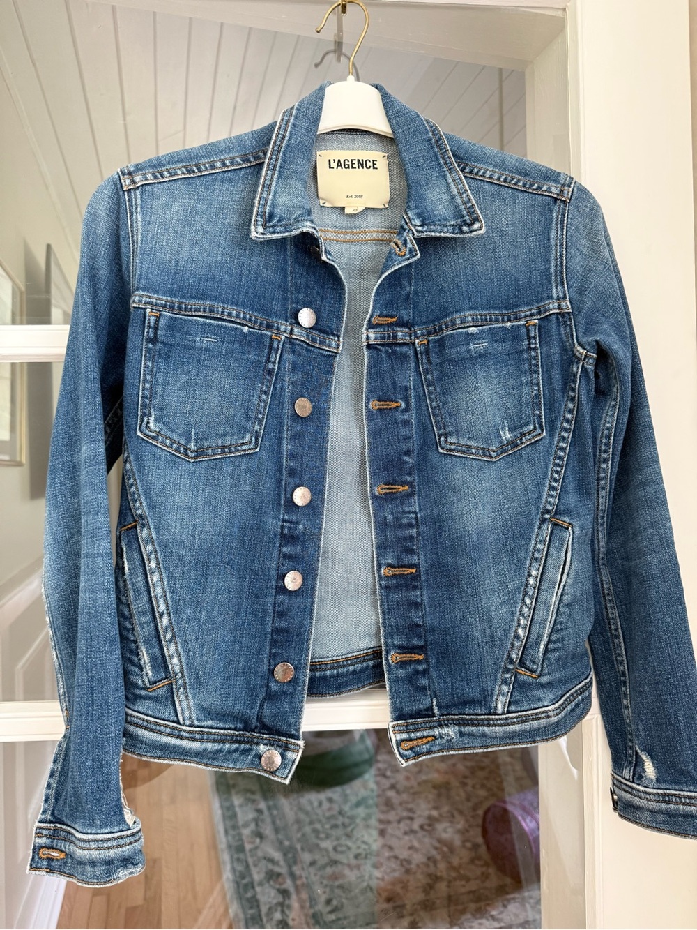 L'AGENCE Celine Distressed Stretch-Cotton Denim Jacket | XS - Picture 8 of 8